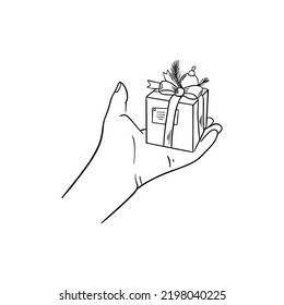 Holiday, gift, giveaway, love, congratulation concept. Woman cartoon hands giving present box with ribbon. Birthday, Christmas celebration illustration.