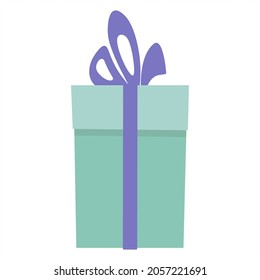A holiday gift in a green box with a blue bow. Minimalistic joyful surprise in flat style. Gift Box Icon. Vector isolated for advertising gifts, decoration design, print, web.