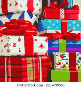 Holiday gift packages, wrapped with ribbons and bows. Background with colorful decorated gift boxes.