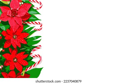 Holiday gift packages, wrapped with ribbons and bows. Background with colorful decorated gift boxes. Including poinsettia, candy cane, green and red, overhead group. Square with copy space