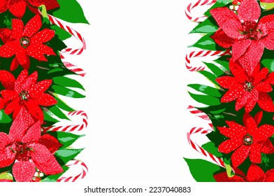 Holiday gift packages, wrapped with ribbons and bows. Background with colorful decorated gift boxes. Including poinsettia, candy cane, green and red, overhead group. Square with copy space