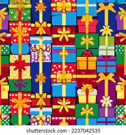 Holiday gift packages, wrapped with ribbons and bows. Background with colorful decorated gift boxes.