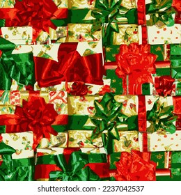 Holiday gift packages, wrapped with ribbons and bows. Background with colorful decorated gift boxes.