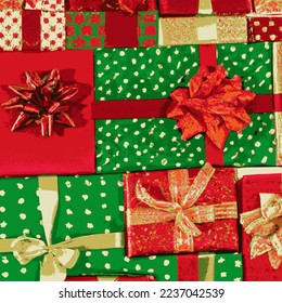 Holiday gift packages, wrapped with ribbons and bows. Background with colorful decorated gift boxes.