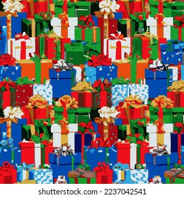 Holiday gift packages, wrapped with ribbons and bows. Background with colorful decorated gift boxes.