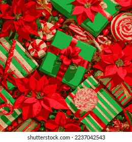 Holiday gift packages, wrapped with ribbons and bows. Background with colorful decorated gift boxes. Including poinsettia, candy cane, green and red, overhead group. Square