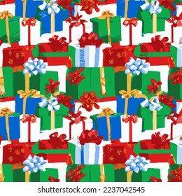 Holiday gift packages, wrapped with ribbons and bows. Background with colorful decorated gift boxes.