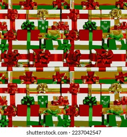 Holiday gift packages, wrapped with ribbons and bows. Background with colorful decorated gift boxes.
