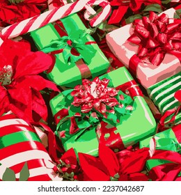 Holiday gift packages, wrapped with ribbons and bows. Background with colorful decorated gift boxes. Including poinsettia, candy cane, green and red, overhead group. Square