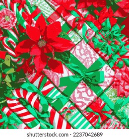 Holiday gift packages, wrapped with ribbons and bows. Background with colorful decorated gift boxes. Including poinsettia, candy cane, green and red, overhead group. Square