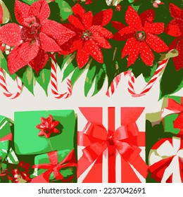 Holiday gift packages, wrapped with ribbons and bows. Background with colorful decorated gift boxes. Including poinsettia, candy cane, green and red, overhead group. Square