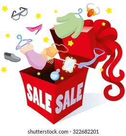 Holiday gift packaging box with bow inscription sale prices of which the fireworks are visible objects of different goods fashionable clothing for men and women, shoes, accessories, perfumes, vector