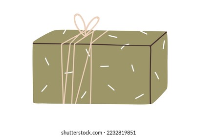 Holiday gift in paper wrapping tied with twine string with bow. Present, surprise box packed wrapped in festive wrapper with minimalistic print. Flat vector illustration isolated on white background