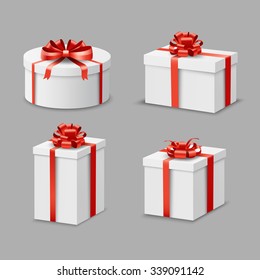 Holiday gift and present boxes paper set with red satin ribbons isolated vector illustration