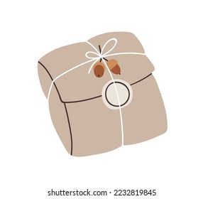 Holiday gift in rustic wrapping. Craft present, festive surprise wrapped in soft kraft paper, decorated with twine string and acorn, label tag. Flat vector illustration isolated on white background