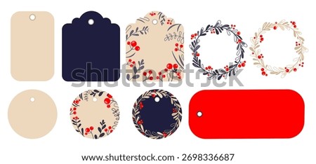 Holiday Gift Tags and Labels set. Christmas and Winter Label Set with Botanical Designs for packaging, seasonal branding, greeting cards, product labels, printable crafts, DIY gift wrapping.Vector