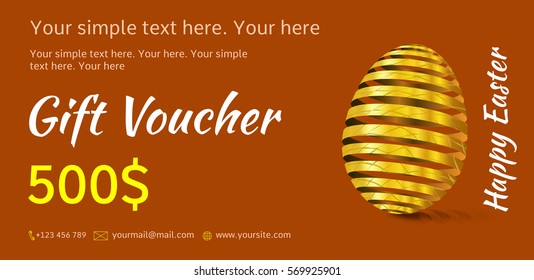 Holiday gift voucher. Bright Easter coupon sales. Festive illustration of red, or terracotta color with golden Easter egg. Attractive discount for $ 500.