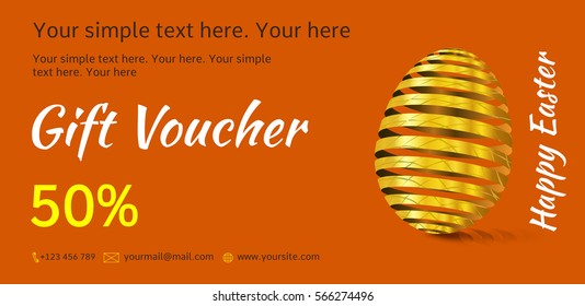 Holiday gift voucher. Easter coupon sales. Flyer orange with golden Easter egg. Attractive discount on 50%. Template A5 width.