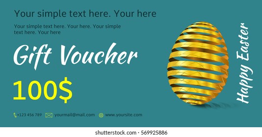 Holiday gift voucher. Easter coupon sales. Flyer turquoise color with golden Easter egg. Attractive discount for $ 100. Template A5 width.