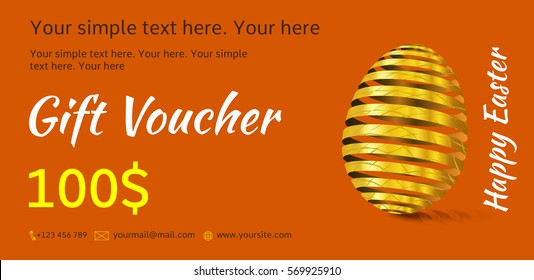 Holiday gift voucher. Easter coupon sales. Flyer orange with golden Easter egg. Attractive discount for $ 100. Template A5 width.