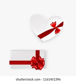 Holiday gift white box set with red satin bow. Top view realistic 3d vector object. Satin silk ribbon mockup template. Birthday, Christmas, Valentines Day sale. Festive package decoration.