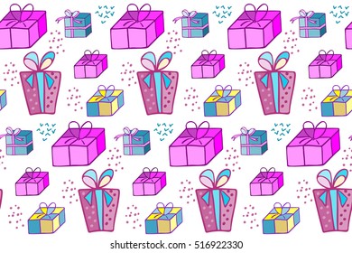 Holiday gift wrapping.  Boxes for gifts.  Illustration for a  wrapping paper,  wallpaper.  Christmas background.   Seamless vector pattern.
