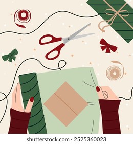 Holiday Gift Wrapping. A close-up of hands elegantly wrapping Christmas presents with colorful wrapping paper, ribbons, and bows. Gift-wrapping services or products. Woman making beautiful Christmas