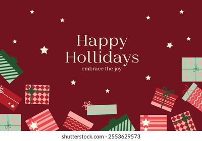 Holiday Gift Wrapping and Decoration Background Graphics, Trendy vector illustration with Christmas decorative elements Perfect for Greeting Card, invitations, social media, and festive design.