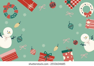 Holiday Gift Wrapping and Decoration Scenes Background, Trendy vector illustration with Christmas decorative elements Ideal for Greeting Card, invitations, social media, and festive designs.