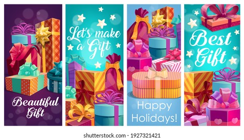 Holiday gifts banners. Giftboxes decorated color ornate wrapping paper and bows from silk ribbons cartoon vector. Christmas or new year holiday, birthday surprise packaging posters