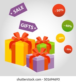 Holiday Gifts Box. Vector Illustration. With sale and gift tags.
