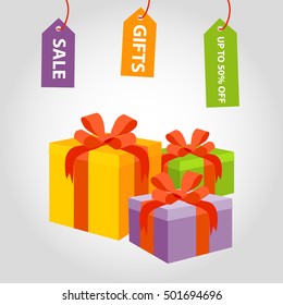 Holiday Gifts Box. Vector Illustration. With sale and gift tags.