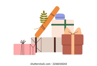 Holiday gifts in festive wrapping. Present boxes wrapped in paper with ribbon, bow, leaf decoration. Many surprises packed in different packages. Flat vector illustration isolated on white background