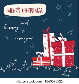holiday gifts. Happy New Year and Merry Christmas greeting cards. Banner, poster,stickers, prints and home interior decor.Templates for the holiday.Social media post.Xmas