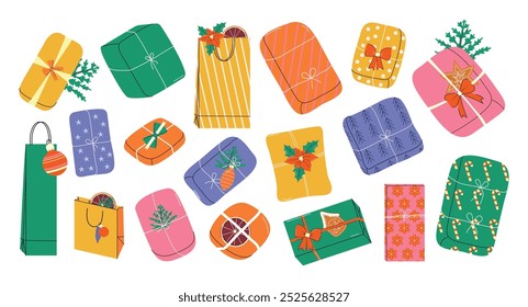 Holiday gifts. Happy New Year. Merry Christmas. Holly Jolly. December. Badge elements. Trendy style. Stickers. Set of boxes. Trendy collection. Hand drawn. Doodle. Clipart and cut out. Paper, bows