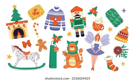 Holiday gifts. Happy New Year. Merry Christmas. Holly Jolly. December. Elements.  Stickers. Set. Trendy collection. Hand drawn. Doodle. Clipart. Cut out. Paper, bows, decoration, fireplace, toy, cloth