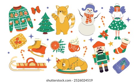 Holiday gifts. Happy New Year. Merry Christmas. Holly Jolly. December.  Stickers. Set boxes. Trendy collection. Hand drawn. Doodle. Cut out. Paper, bows, decorations, Christmas tree branch, toys, сat