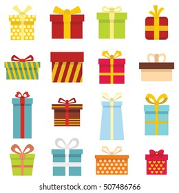 Holiday gifts icons and Present boxes in cartoon flat style. Vector illustration. Elements for illustration, infographics, logos and banners.