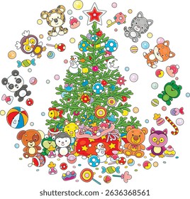 Holiday gifts for little children around a green Christmas fir tree festively decorated with funny toys, colorful balls, garlands and sweets, vector cartoon illustration on a white background