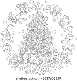 Holiday gifts for little children around a pretty Christmas fir tree festively decorated with funny toys, colorful balls, garlands and sweets, black and white outline vector cartoon illustration