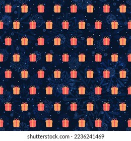 holiday gifts on winter repetitive background with snowflakes. vector seamless pattern. fabric swatch. wrapping paper. continuous print. design element for  textile, home decor, apparel, greeting card
