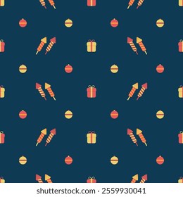 holiday gifts, petards, new year balls. vector seamless pattern. festive repetitive background. yellow, pink, blue fabric swatch. wrapping paper. flat design template for greeting card, textile