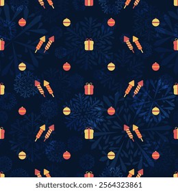 holiday gifts, petards and new year balls. vector seamless pattern. festive repetitive background with snowflake. fabric swatch. wrapping paper. design template for greeting card, invitation, textile