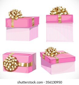 Holiday gifts in pink boxes with gold bow isolated on a white background