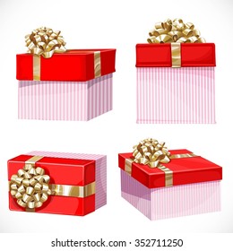 Holiday gifts in red boxes with gold bow isolated on a white background