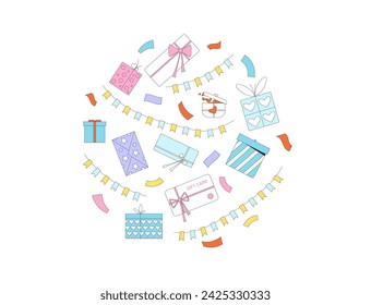 Holiday gifts round composition. Presents and garland elements circle emblem. Set of celebration objects. Vector colorful illustration.
