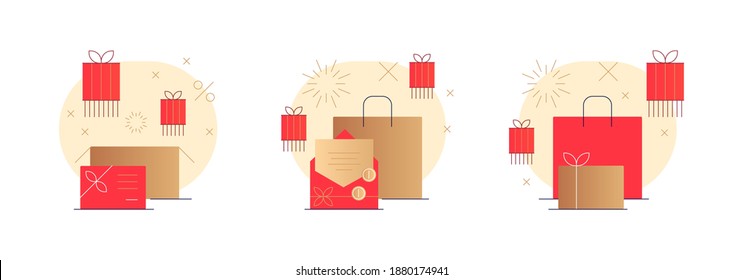 Holiday gifts set. Red envelope, money gift, loyalty card, gift boxes and shopping bags. Modern flat illustration. Vector file.