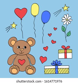 Holiday gifts: teddy bear, balloons, boxes, hearts and a flower. Hand-drawn set for valentines day and birthday. Doodle cartoon style. Stock isolated vector elements for postcards and banner designs.