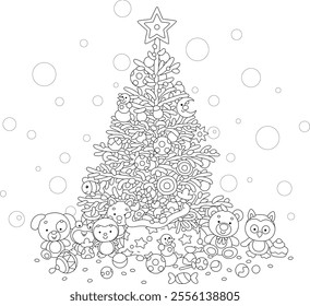 Holiday gifts under a green Christmas fir tree festively decorated with funny toys, balls, garlands and sweets, black and white outline vector cartoon illustration for a coloring book