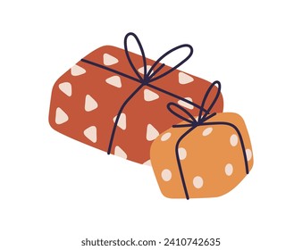 Holiday gifts wrapped in festive paper. Two present boxes in printed wrapping, tied with string, bow. Decorated Christmas and birthday surprises. Flat vector illustration isolated on white background